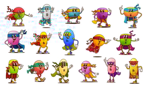 Cartoon groovy vitamin characters superheroes vector