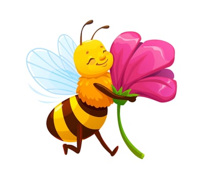 Cartoon honey bee character hugging pink flower vector