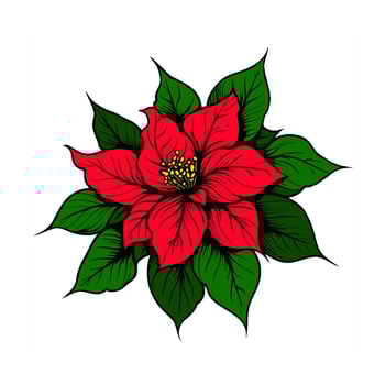 Red poinsettia flower with layered green leaves in bold graphic style on white background, symbolizing holiday and botanical elegance vector