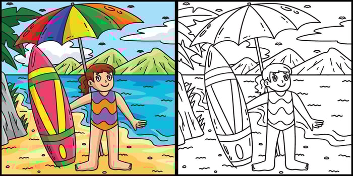 Surfing Girl Surfboard with Umbrella Illustration vector