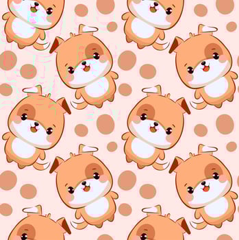 Seamless doggie pattern with spots in kawaii chibi style. Cute and colorful cartoon mascot on a beige background and brown circles. Perfect for kids artwork, stickers, nursery decor, prints and vector