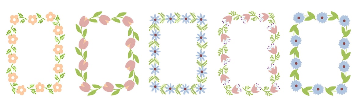 Set of flower frames. Wreath with flowers. Floral frame, hand drawn simple cute botanical round frame. Set of four floral borders with leaves and flowers vector