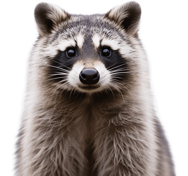 A curious raccoon stares directly into the camera with intense eyes and expressive fur details png