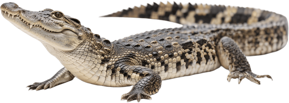 Full body view of a wild alligator resting on the ground showing scales and full tail length png