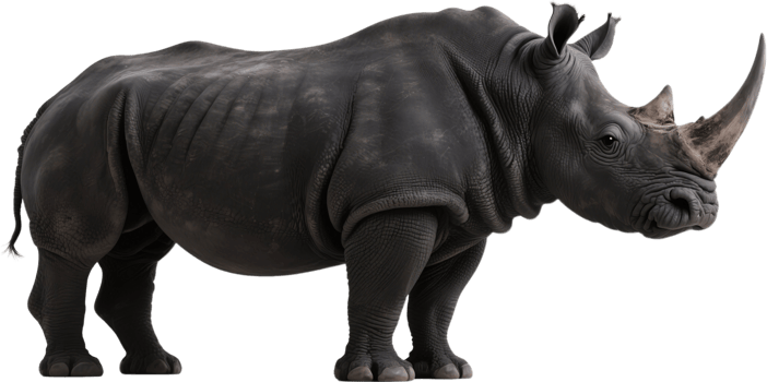 A massive rhinoceros stands in full side view showing its thick skin large horn and powerful build png