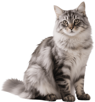 A white and gray Siberian cat standing with wide eyes and thick fur under soft light png