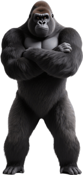 A gorilla stands upright like a human with arms crossed radiating power against 100 men png