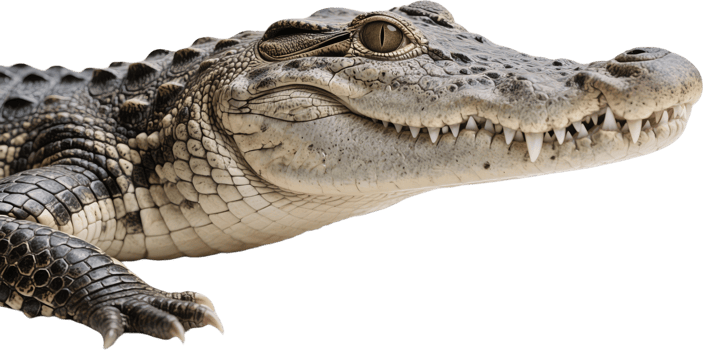 Close up of an alligator face showing textured skin sharp eyes and a still expression png