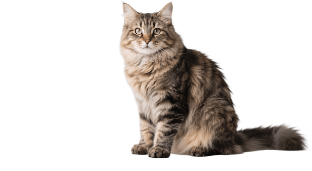A gray and black Siberian cat sitting with fur fluffed and calm alertness png