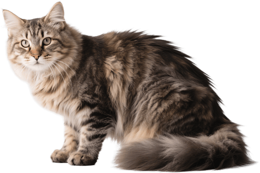 A Siberian cat with its thick tail curled in front while resting with soft gaze png