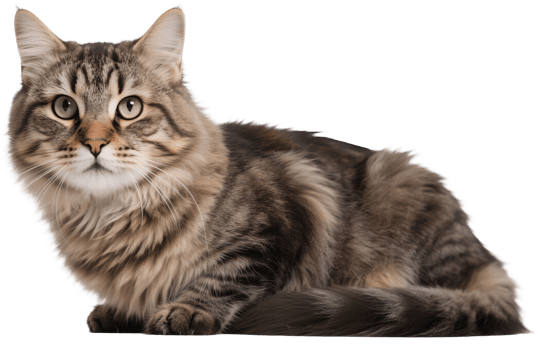 A Siberian cat lies loafing with thick fur and calm expression on a soft surface png
