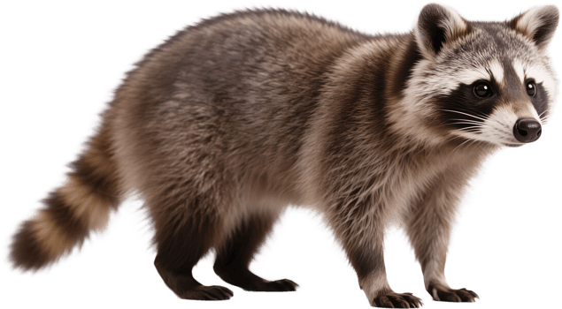 A raccoon in profile captured in a serene side view showcasing its striped tail and textured fur png