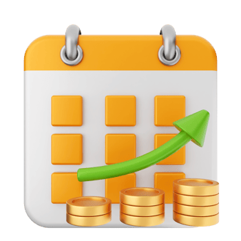 A calendar with a green arrow and coins png