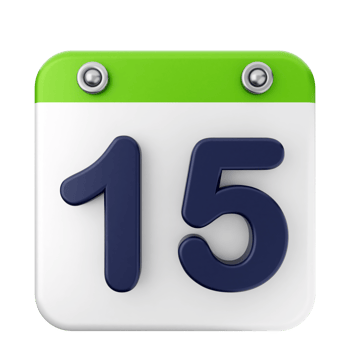A green and white calendar icon with the number 15 png