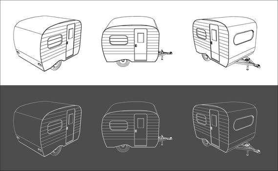 Set Trailer RV Travel Recreational vehicle travel car technical line drawing blueprint wireframe concept isolated background vector