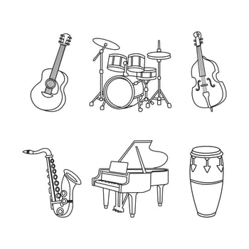 musical instrument piano, guitar, percussion, saxophone, drums, contrabass outline vector