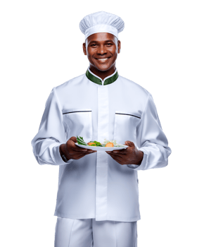Chef in uniform holding plate of food png