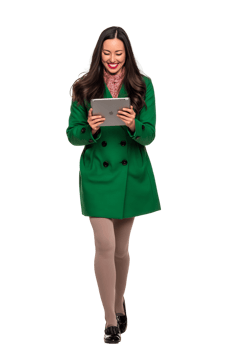 A woman in a green coat and tights is holding a tablet png
