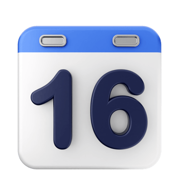 A blue and white calendar with the number 16 png