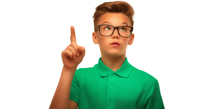 A boy wearing glasses pointing at something png