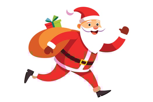 Smiling Santa Claus runs while carrying gifts in his sack over his shoulder vector
