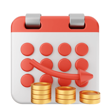 A calendar with gold coins and an arrow pointing up png