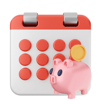 A pink piggy bank with a coin in front of a calendar png