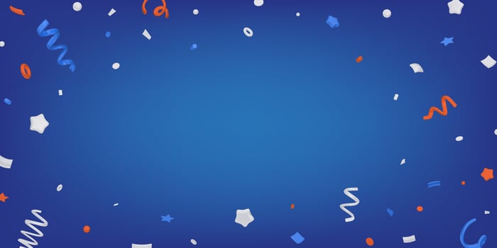 3D confetti on blue background. Isolated blue, red and silver elements. Background design for banner, greeting, sale, 4th of July independence day vector