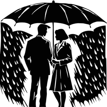 A black and white illustration of a couple under an umbrella vector