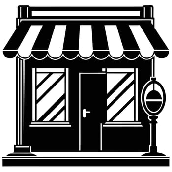 A black and white illustration of a shop front vector