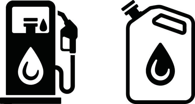 Black and white icons illustrating gas station pump and portable fuel canister for refueling purposes vector