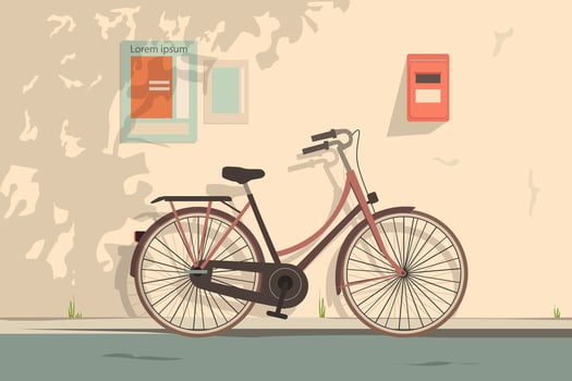 Vintage bicycle parked on street against warm urban wall flat illustration for slow lifestyle travel and retro city concept vector