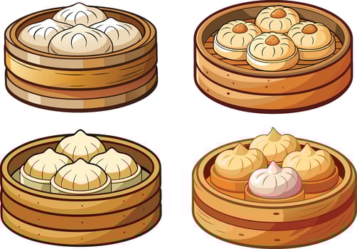 Dim sum dumplings in a bamboo steamer Illustration. vector