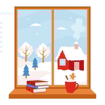 Winter window. Window with winter landscape and on the sill a book and cup. Winter scenery with village. vector