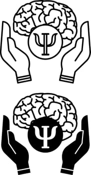 Mental Health Icons. Black and White Illustration. Brain in Human Hands, Psychologist Sign. Healthy Lifestyle and Psychology vector