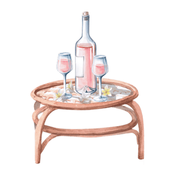 Two glasses of wine and a bottle standing on a table. Isolated watercolor illustration on the theme of rest for restaurant design, menus, tourist brochures, printing on fabric and textiles. png
