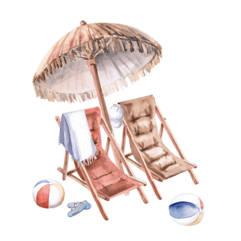 Two sun loungers under a sun umbrella, a hat, balls. Isolated watercolor illustration on the theme of a beach holiday for the design of restaurants, tourist brochures, printing on fabric and textiles. png