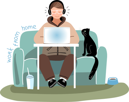 Man work on his laptop at home with black cat png