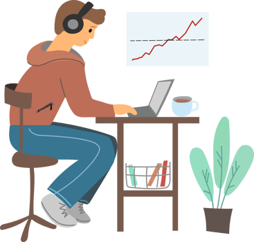 A man works with a laptop. Work from home. Hand drawn png