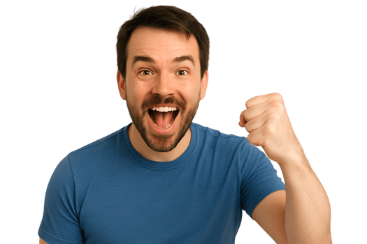 Cheerful man celebrating transparent background with a fist pump png