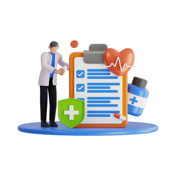 A doctor is standing next to a clipboard with a heart and a check mark png
