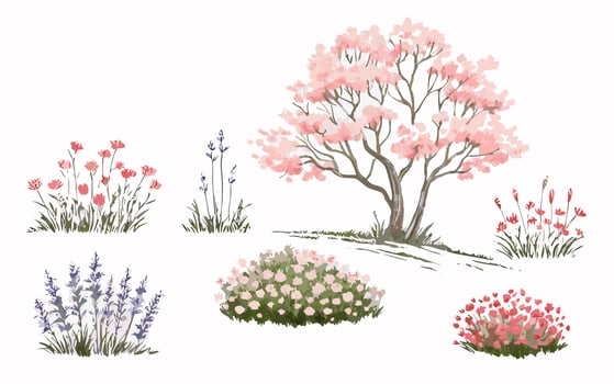 Watercolor Garden Elements Pink Flowers, Tree, Lavender vector