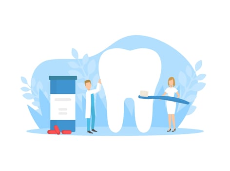 Tiny Doctors Treating and Cleaning Huge Tooth, Dental Care Illustration vector
