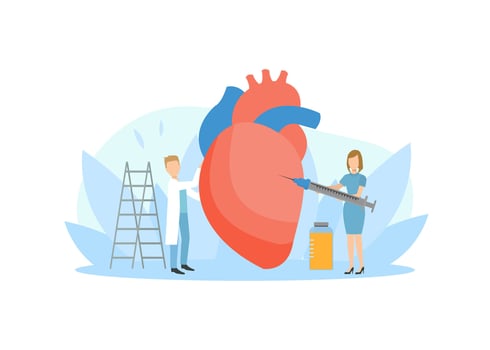 Tiny Doctors Examining and Injecting Huge Heart, Healthcare, Transplantation, Doctor Doing Medical Research Illustration vector