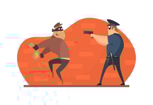 Policeman with Gun Chasing Thief in Mask with Stolen Bag of Money Illustration vector