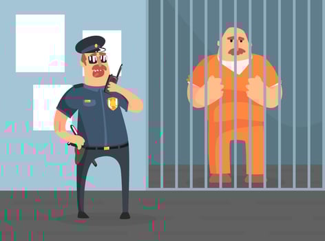 Prison Cell with Prisoner in Orange Uniform and Police Officer, Police Department Interior Illustration vector