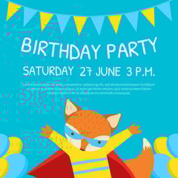 Birthday Party Invitation Card Template with Cute Funny Fox Character Cartoon Illustration vector