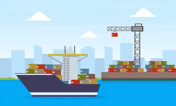 Cargo Ship Container and Working Crane, Maritime Shipping Freight Transportation, Cargo Logistics Flat Illustration vector