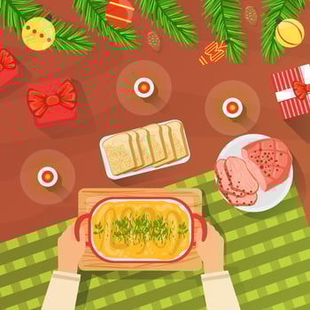 Top View of New Year and Christmas Table, Hands Serving Festive Dinner Table Flat Illustration vector
