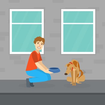 Smiling Man Feeding Homeless Dog on the Street Flat Illustration vector
